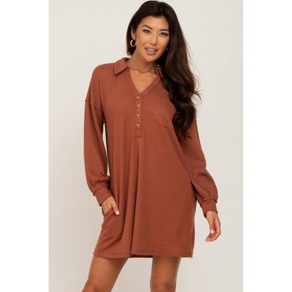 New L&B Womens Waffle Knit Brown Long Sleeve Button Down Shirt Dress Size Large - Picture 1 of 9